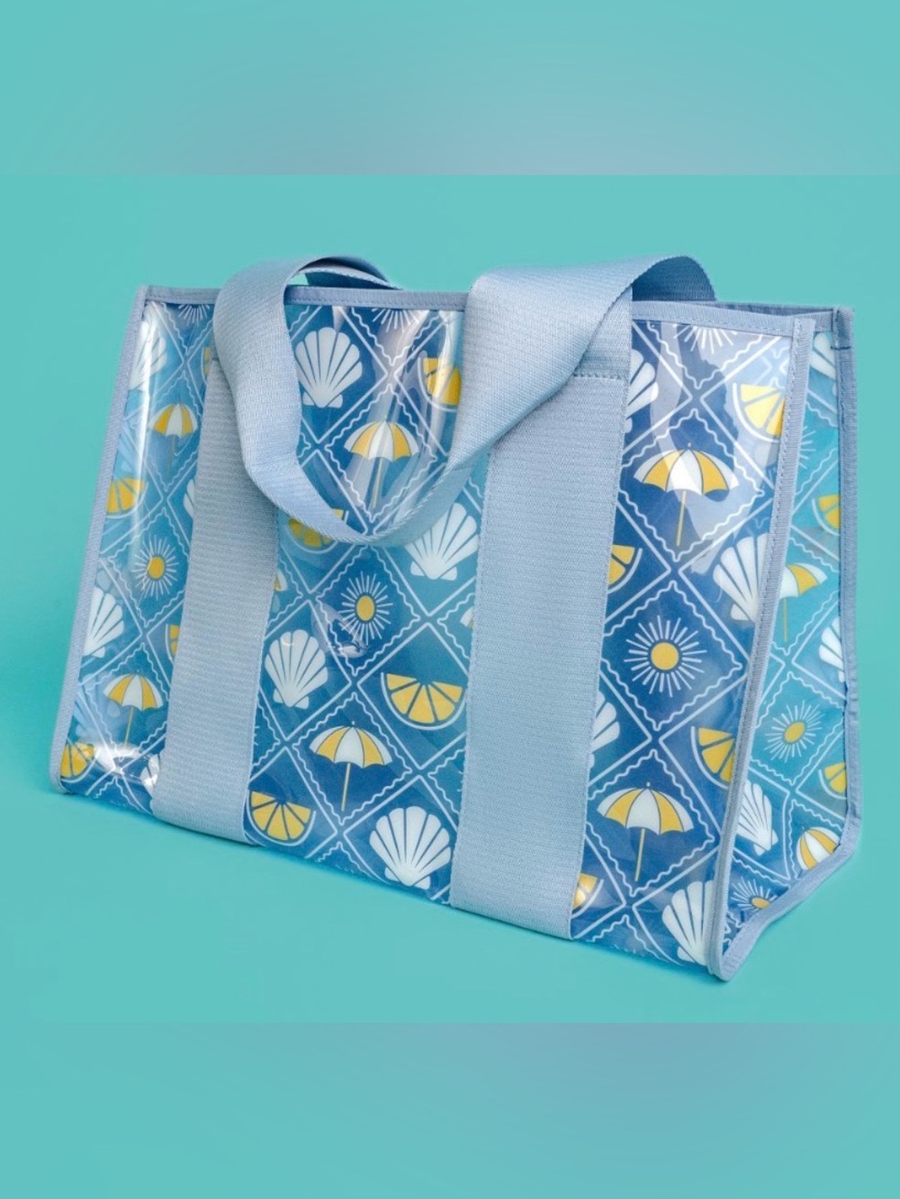 NWT. Shop TODAY Blue Beach Print Jelly Tote with Light Blue Straps 17x12x8in.